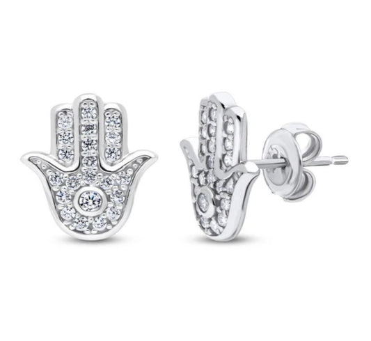Hamsa Hand CZ Stud Earrings in Sterling Silver
