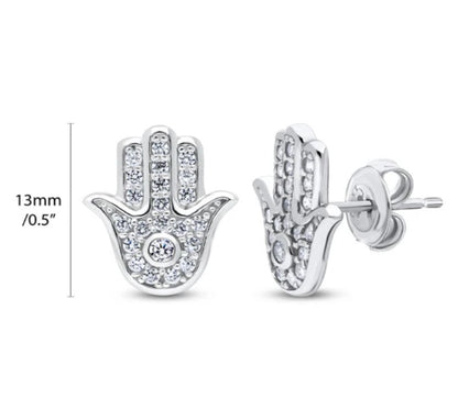 Hamsa Hand CZ Stud Earrings in Sterling Silver