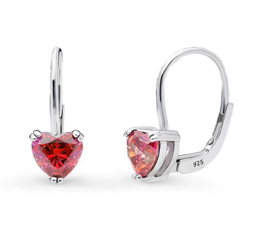 Solitaire Red Heart CZ Leverback Earrings in Sterling Silver 1.4ct
