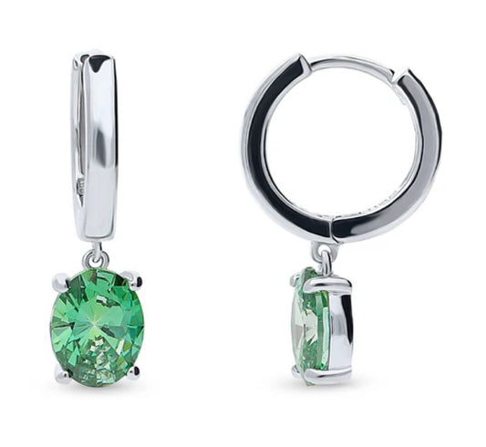 Solitaire Green Oval CZ Dangle Earrings in Sterling Silver 2.4ct