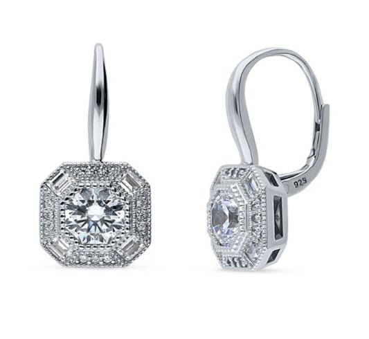 Halo Vintage Style Octagon Sun CZ Leverback Earrings in Sterling Silver