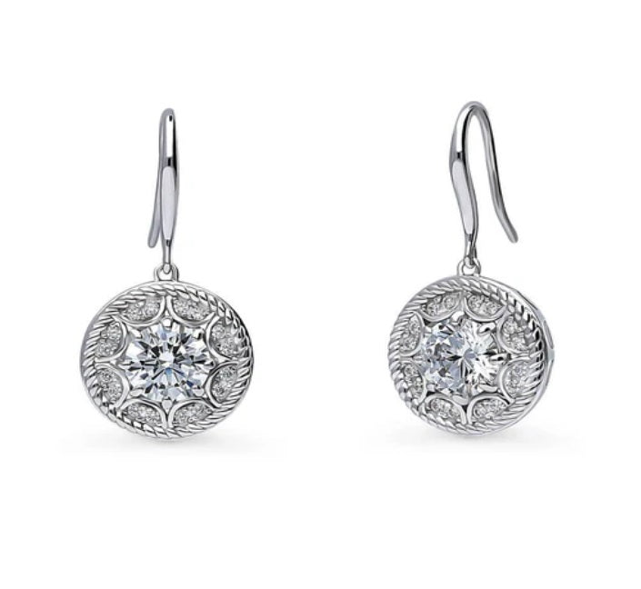 Cable Halo CZ Fish Hook Dangle Earrings in Sterling Silver