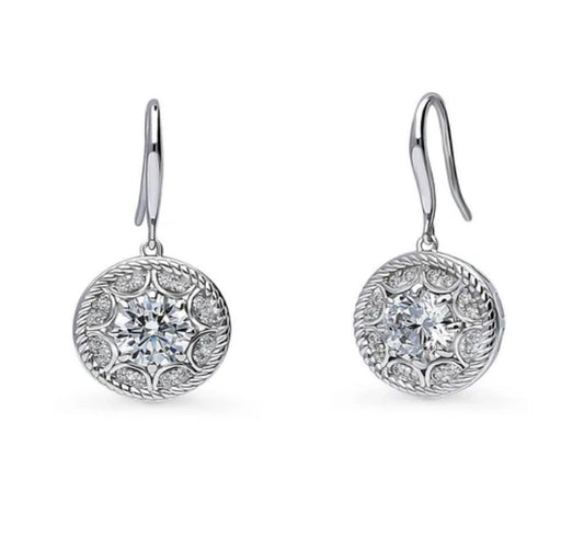 Cable Halo CZ Fish Hook Dangle Earrings in Sterling Silver