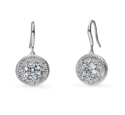 Cable Halo CZ Fish Hook Dangle Earrings in Sterling Silver