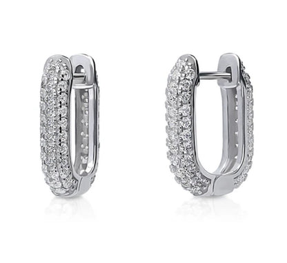 Rectangle CZ Medium Hoop Earrings in Sterling Silver 0.62"