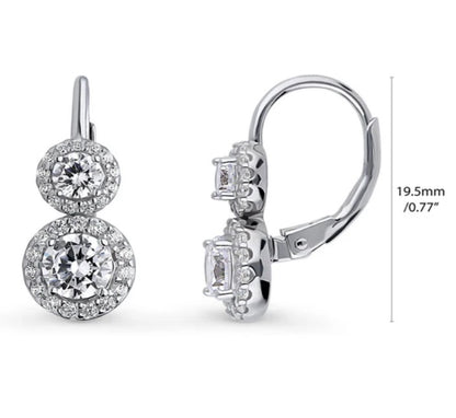 Halo 2-Stone Round CZ Leverback Dangle Earrings in Sterling Silver