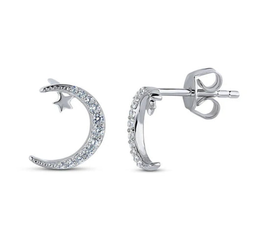 Star Crescent Moon CZ Stud Earrings in Sterling Silver