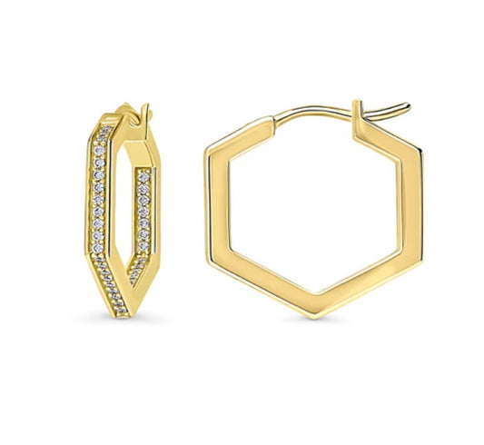 Hexagon CZ Medium Inside-Out Hoop Earrings in Sterling Silver 0.8"