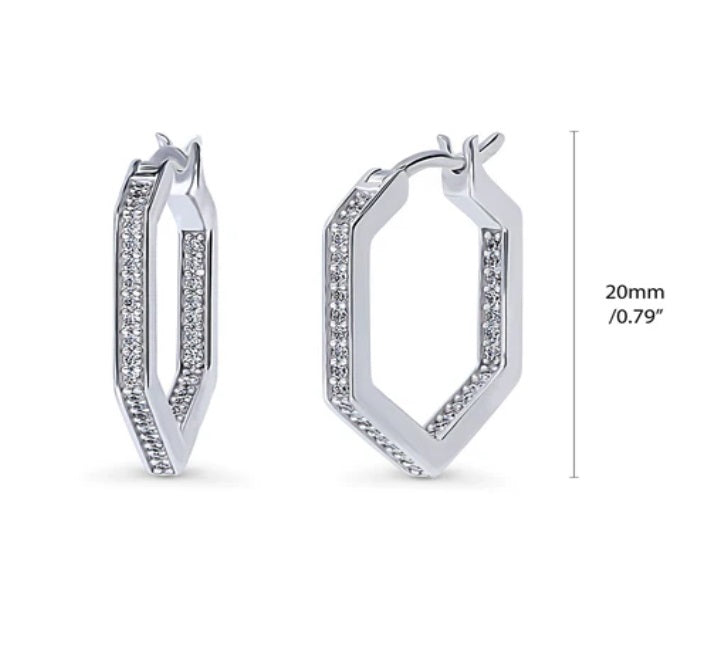 Hexagon CZ Medium Inside-Out Hoop Earrings in Sterling Silver 0.8"