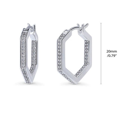 Hexagon CZ Medium Inside-Out Hoop Earrings in Sterling Silver 0.8"