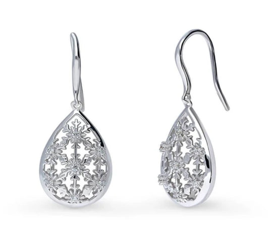 Snowflake CZ Fish Hook Dangle Earrings in Sterling Silver