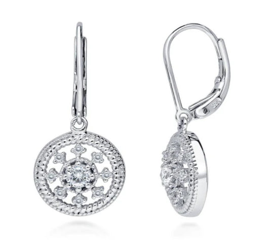 Medallion Art Deco CZ Leverback Dangle Earrings in Sterling Silver