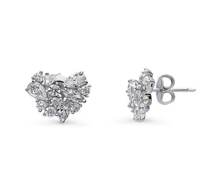 Cluster Heart CZ Stud Earrings in Sterling Silver