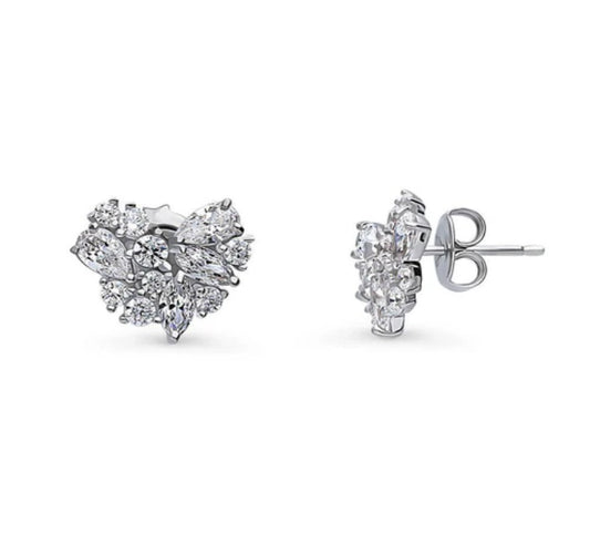 Cluster Heart CZ Stud Earrings in Sterling Silver