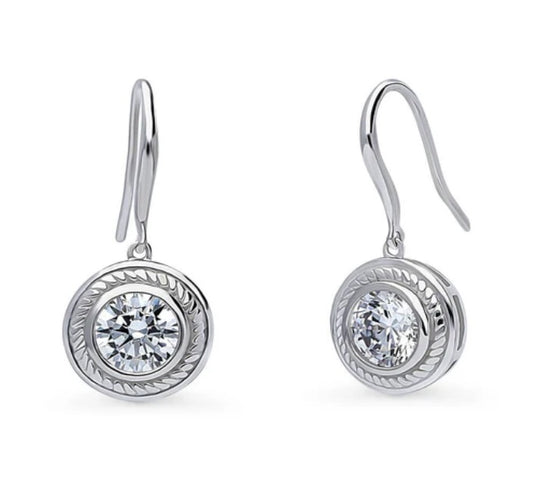 Solitaire 2.5ct Bezel Set Round CZ Dangle Earrings in Sterling Silver