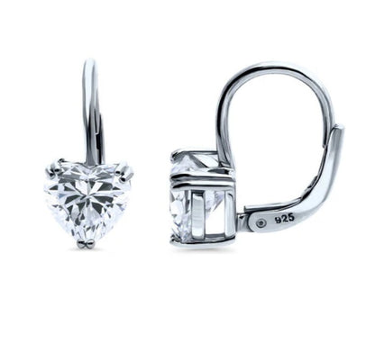 Solitaire Heart 2.2ct CZ Leverback Dangle Earrings in Sterling Silver