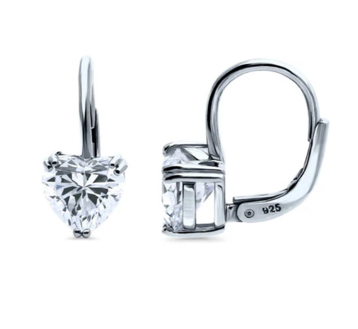 Solitaire Heart 2.2ct CZ Leverback Dangle Earrings in Sterling Silver