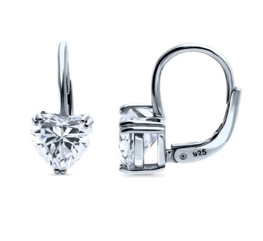 Solitaire Heart 2.2ct CZ Leverback Dangle Earrings in Sterling Silver