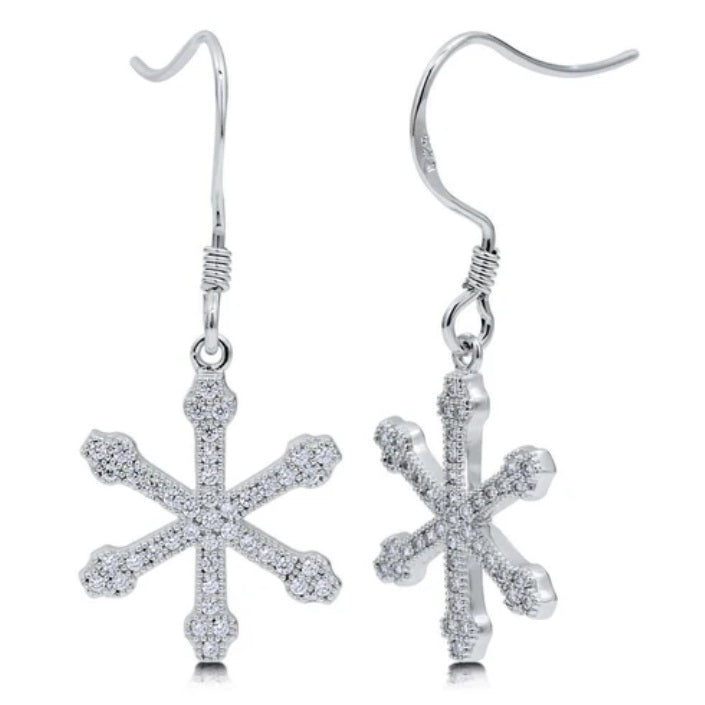 Snowflake CZ Fish Hook Dangle Earrings in Sterling Silver