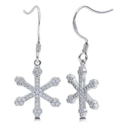 Snowflake CZ Fish Hook Dangle Earrings in Sterling Silver