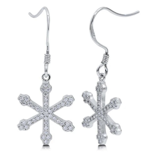 Snowflake CZ Fish Hook Dangle Earrings in Sterling Silver