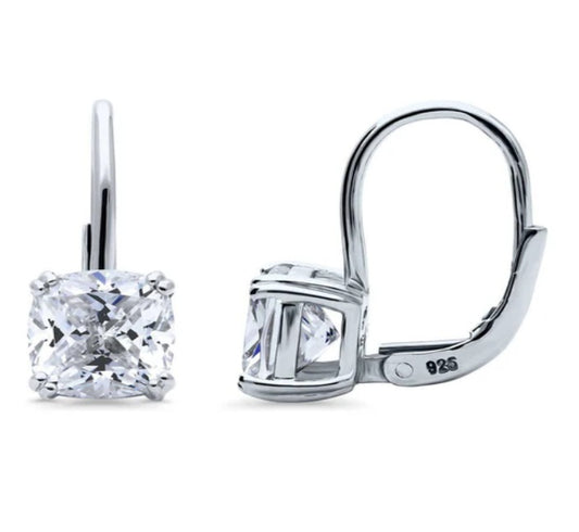 Solitaire 4ct Cushion CZ Leverback Dangle Earrings in Sterling Silver