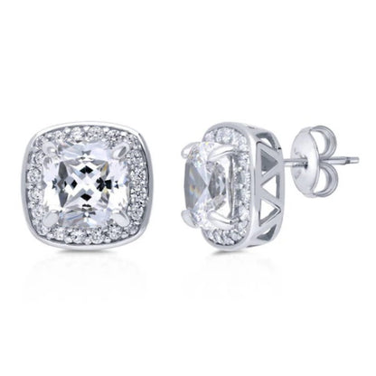 Halo Cushion CZ Stud Earrings in Sterling Silver