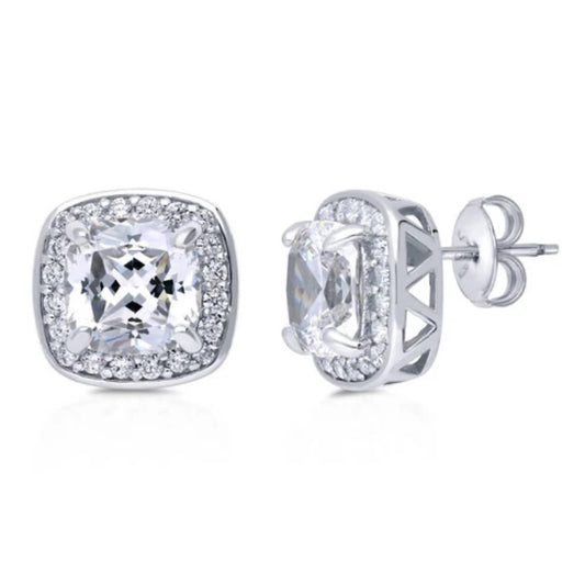 Halo Cushion CZ Stud Earrings in Sterling Silver