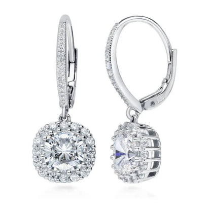 Halo Cushion CZ Leverback Dangle Earrings in Sterling Silver