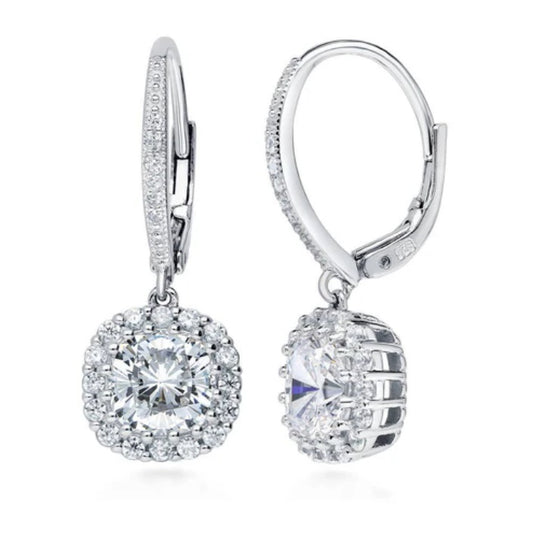 Halo Cushion CZ Leverback Dangle Earrings in Sterling Silver