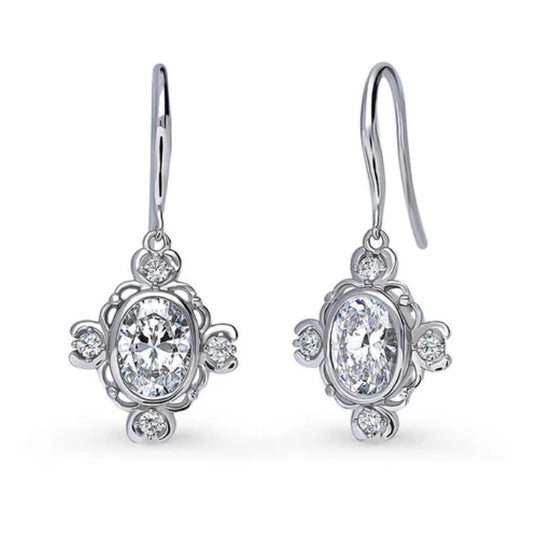 Flower Art Deco CZ Fish Hook Dangle Earrings in Sterling Silver