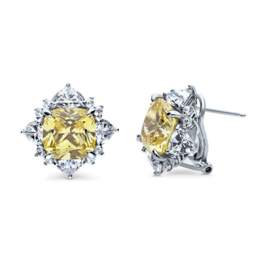 Halo Canary Cushion CZ Omega Back Stud Earrings in Sterling Silver