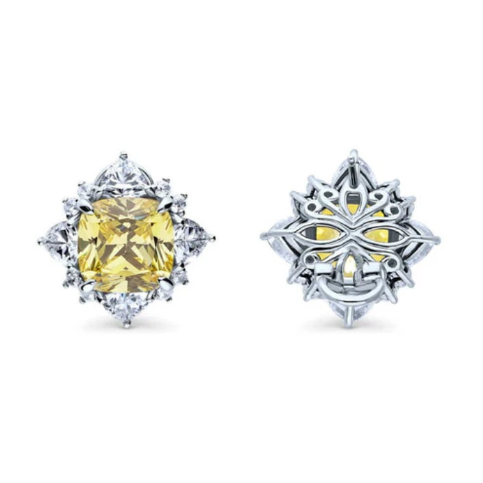 Halo Canary Cushion CZ Omega Back Stud Earrings in Sterling Silver