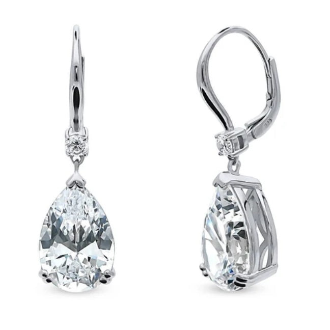 Solitaire 11.4ct Pear CZ Leverback Dangle Earrings in Sterling Silver