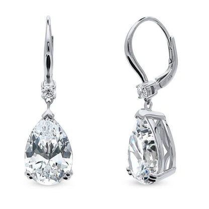 Solitaire 11.4ct Pear CZ Leverback Dangle Earrings in Sterling Silver