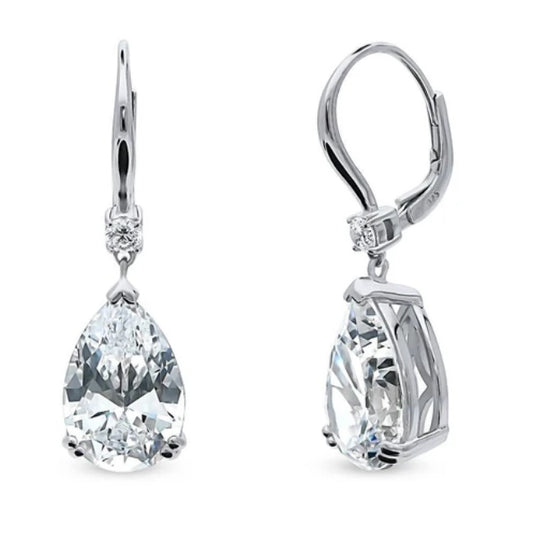 Solitaire 11.4ct Pear CZ Leverback Dangle Earrings in Sterling Silver