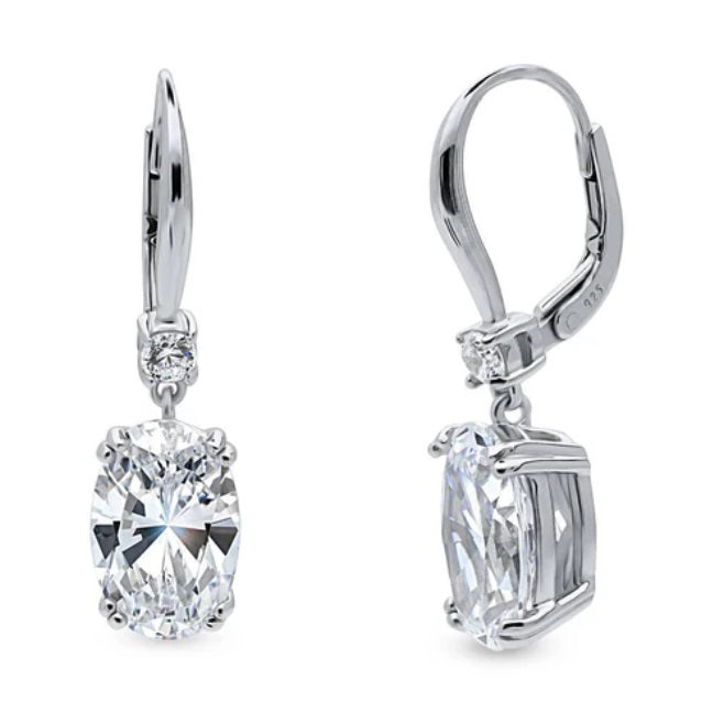 Solitaire 6ct Oval CZ Leverback Dangle Earrings in Sterling Silver