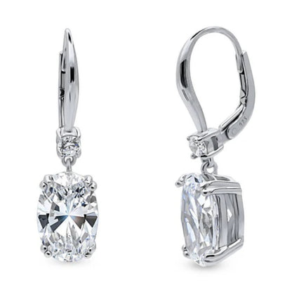 Solitaire 6ct Oval CZ Leverback Dangle Earrings in Sterling Silver