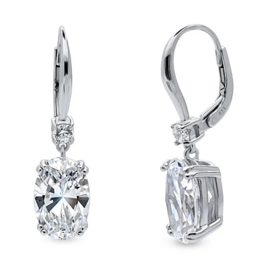 Solitaire 6ct Oval CZ Leverback Dangle Earrings in Sterling Silver