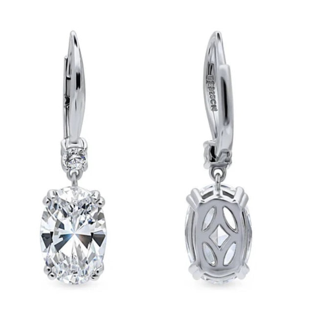 Solitaire 6ct Oval CZ Leverback Dangle Earrings in Sterling Silver
