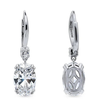Solitaire 6ct Oval CZ Leverback Dangle Earrings in Sterling Silver