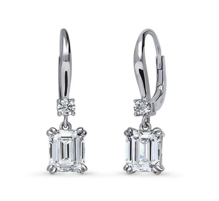 Solitaire 3.4ct Emerald Cut CZ Leverback Earrings in Sterling Silver