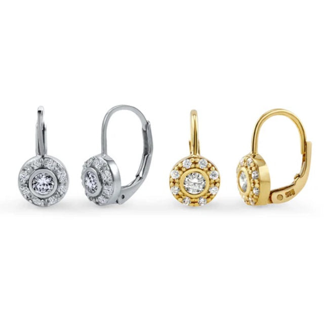 Halo Round CZ Leverback Dangle Earrings in Sterling Silver, 2 Pairs