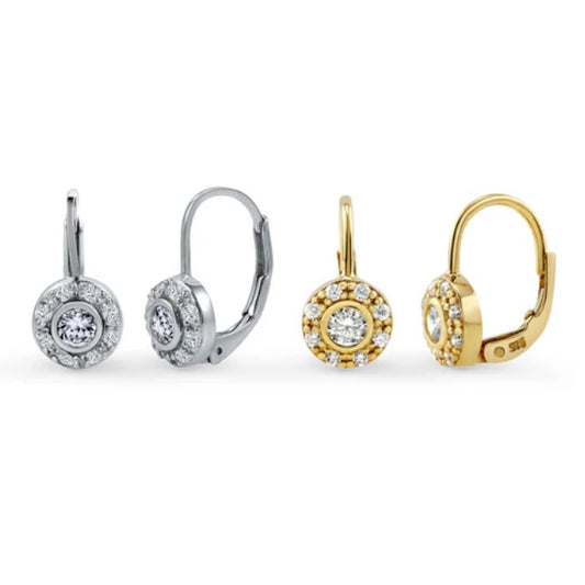 Halo Round CZ Leverback Dangle Earrings in Sterling Silver, 2 Pairs