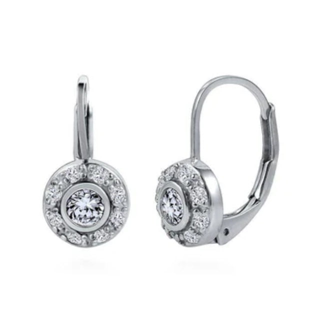 Halo Round CZ Leverback Dangle Earrings in Sterling Silver, 2 Pairs