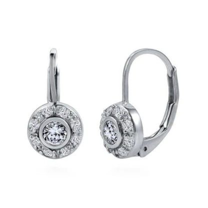 Halo Round CZ Leverback Dangle Earrings in Sterling Silver, 2 Pairs