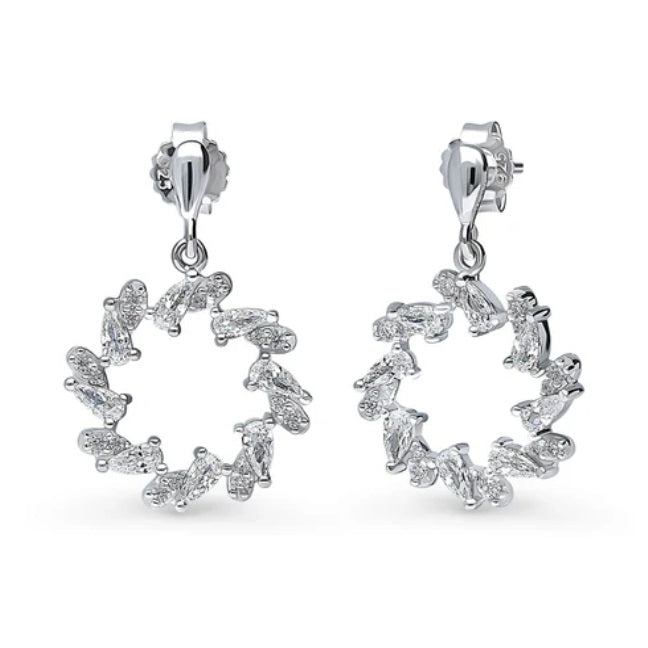Wreath Open Circle CZ Dangle Earrings in Sterling Silver