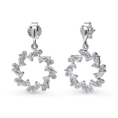 Wreath Open Circle CZ Dangle Earrings in Sterling Silver