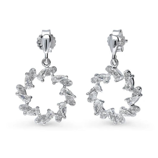 Wreath Open Circle CZ Dangle Earrings in Sterling Silver