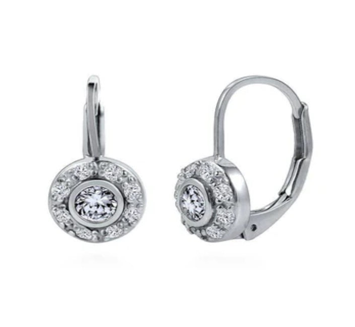 Halo Round CZ Leverback Dangle Earrings in Sterling Silver